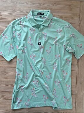 Bad Birdie Cactus Print Golf Polo Shirt | Men’s Medium | Mint Green Performance